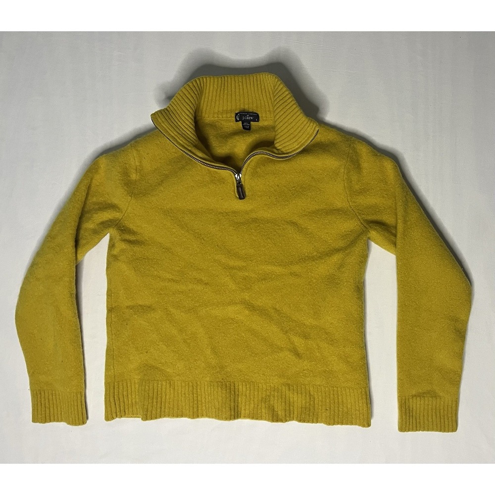 J Crew 1/4 Zip Lambs Wool Pullover Sweater Women's Size Large Yellow Long Sleeve